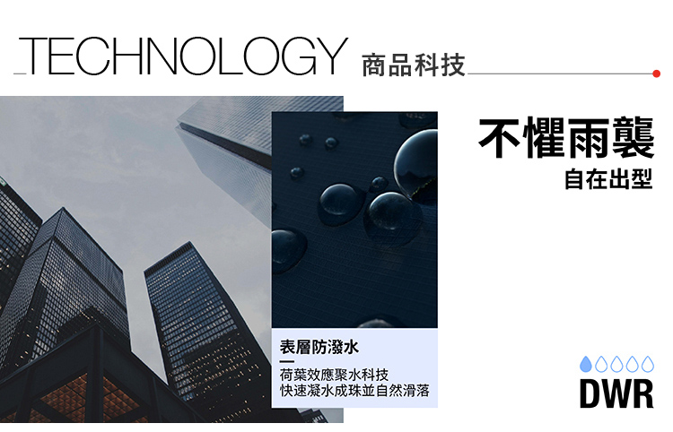 TECHNOLOGY 商品科技不懼雨襲自在出型表層防潑水荷葉效應聚水科技00000快速凝水成珠並自然滑落DWR