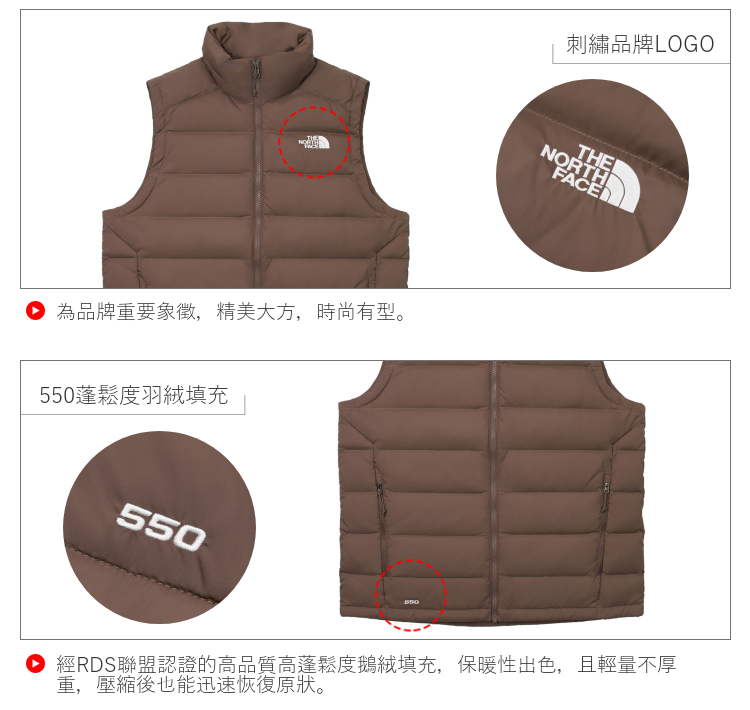 THE 為品牌重要象徵,精美大方,時尚有型。550蓬鬆度羽絨填充刺繡品牌LOGOTHENORTHFACE550550經RDS聯盟認證的高品質高蓬鬆度鵝絨填充,保暖性出色,且輕量不厚重,壓縮後也能迅速恢復原狀。