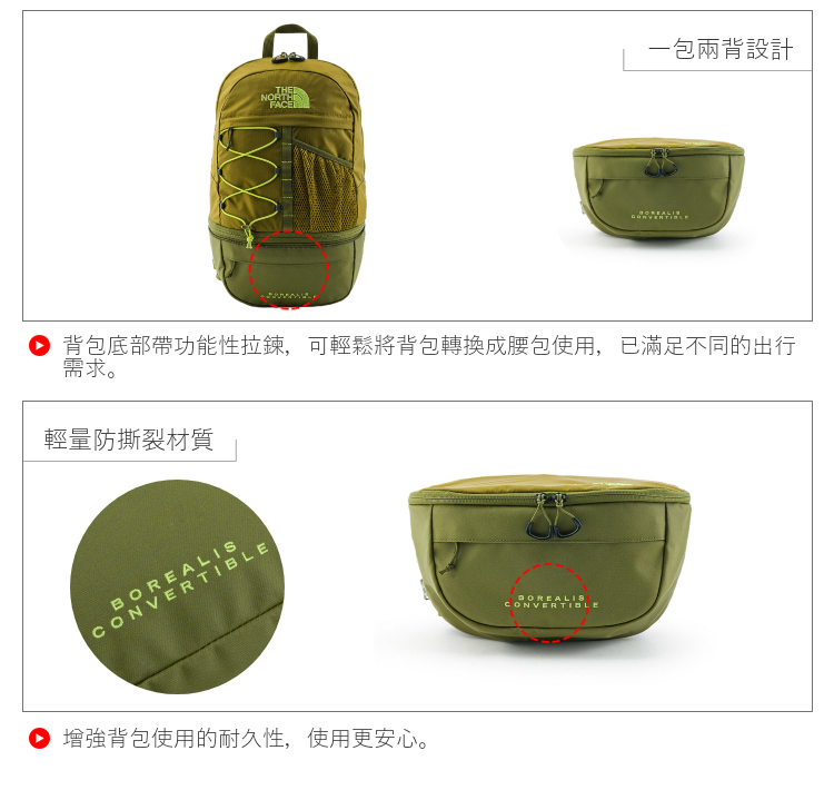 THENORTHFACE一包兩背設計 背包底部帶功能性拉鍊,可輕鬆將背包轉換成腰包使用,已滿足不同的出行需求。輕量防撕裂材質BOREALISCONVERTIBLE增強背包使用的耐久性,使用更安心。CONVERTIBLE