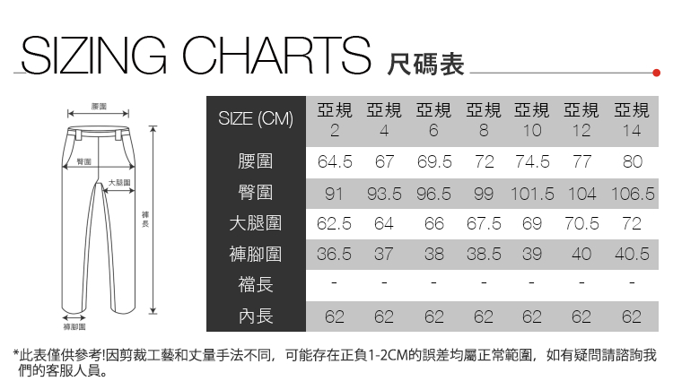 IZING CHARTS 尺碼表SIZE (CM)亞規 亞規 亞規 亞規 亞規 亞規 亞規2 4 6 8 10 12 14臀大腿圍腰圍64.56769.5 72 74.5 77 80臀圍9193.5 96.599 101.5 104 106.5S大腿圍62.5646667.5 69 70.5 72圍36.5373838.5 3940 40.5襠長長62 6262 62 62 62 62褲腳圍*此表僅供參考!因剪裁工藝和丈量手法不同,可能存在正負1-2CM的誤差均屬正常範圍,如有疑問請諮詢我們的客服人員。